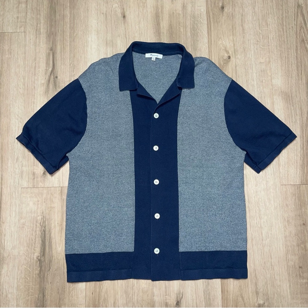Madewell Men’s Size Medium Cotton Button Up Sweater Polo In Navy & Light Blue